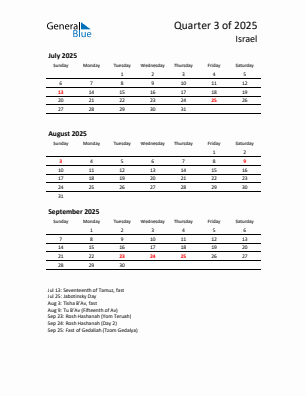 Israel Quarter 3  2025 calendar template