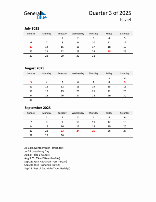 2025 Q3 Three-Month Calendar for Israel
