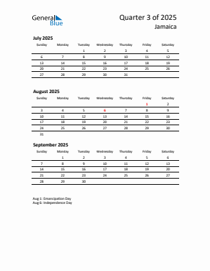Jamaica Quarter 3  2025 calendar template