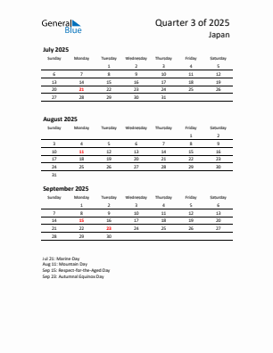 Japan Quarter 3  2025 calendar template