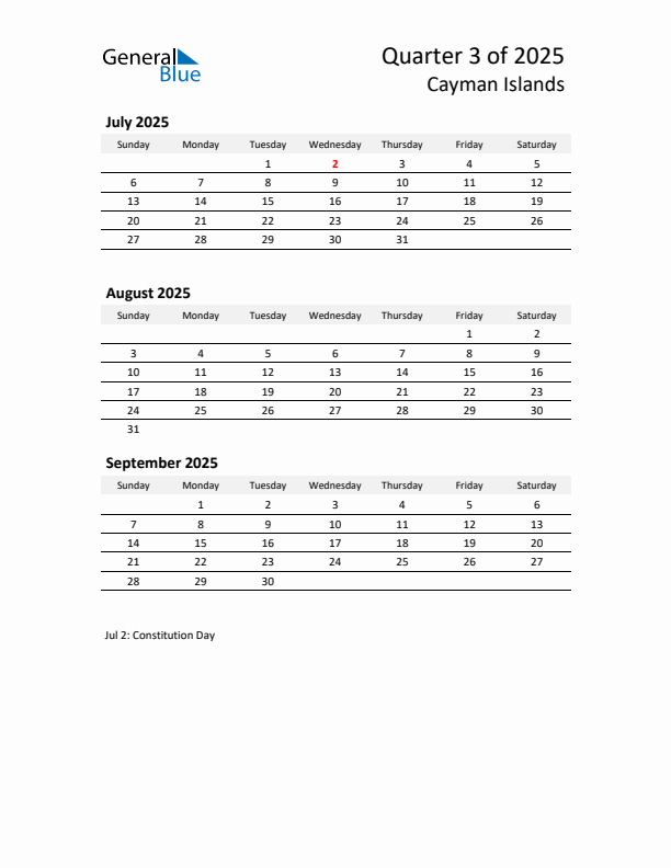 2025 Q3 Three-Month Calendar for Cayman Islands