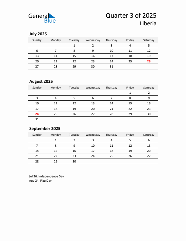 2025 Q3 Three-Month Calendar for Liberia