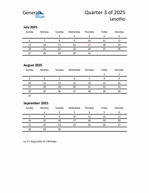 Lesotho Quarter 3  2025 calendar template