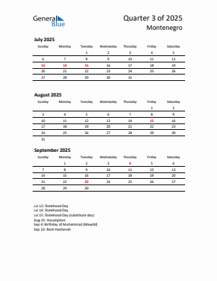 Montenegro Quarter 3  2025 calendar template