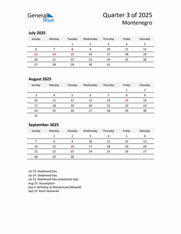 2025 Q3 Three-Month Calendar for Montenegro