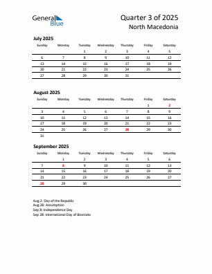 North Macedonia Quarter 3  2025 calendar template