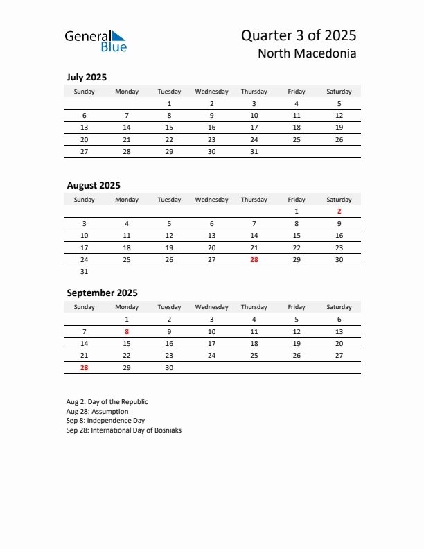 2025 Q3 Three-Month Calendar for North Macedonia