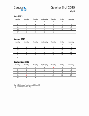 Mali Quarter 3  2025 calendar template