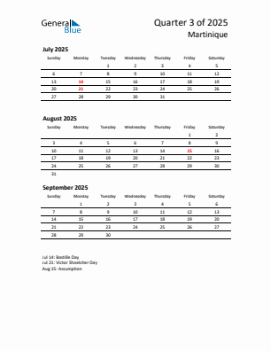 Martinique Quarter 3 2025 calendar template