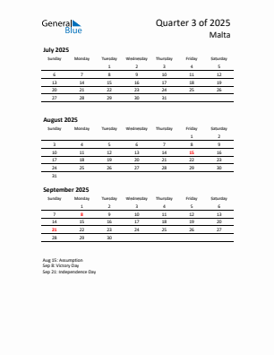 Malta Quarter 3  2025 calendar template