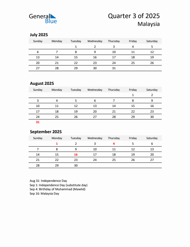 2025 Q3 Three-Month Calendar for Malaysia