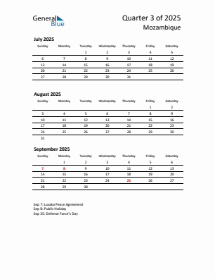 Mozambique Quarter 3  2025 calendar template
