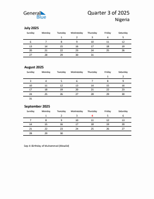 Nigeria Quarter 3  2025 calendar template