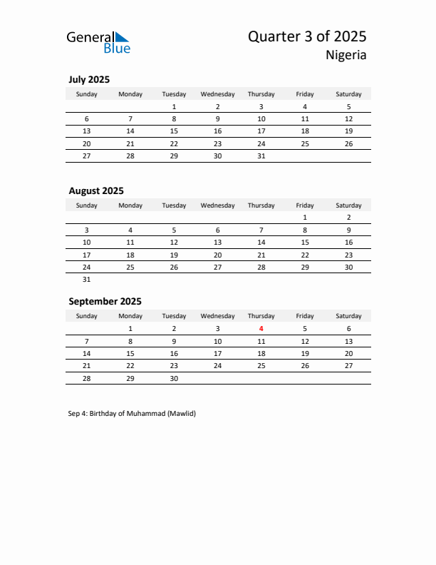 2025 Q3 Three-Month Calendar for Nigeria