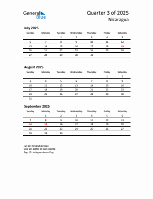 Nicaragua Quarter 3  2025 calendar template
