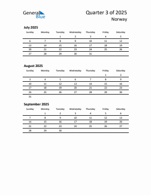Norway Quarter 3  2025 calendar template