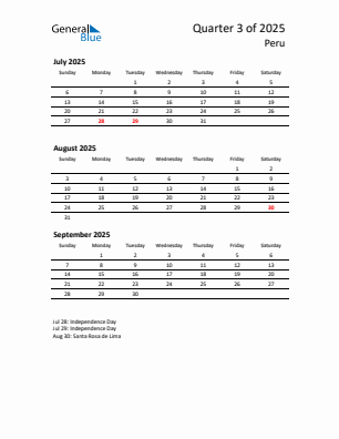 Peru Quarter 3 2025 calendar template