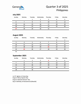 Philippines Quarter 3 2025 calendar template