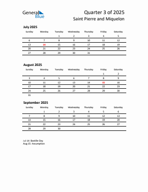 Saint Pierre and Miquelon Quarter 3  2025 calendar template