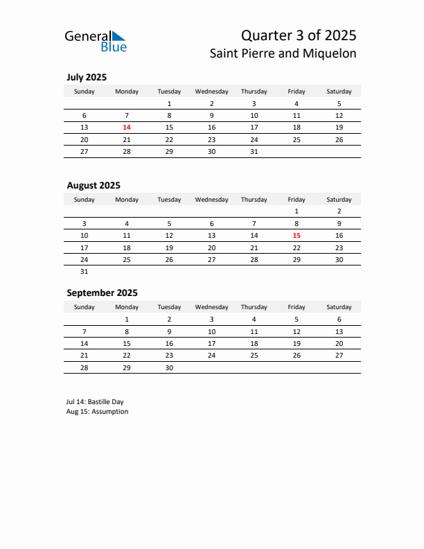 2025 Q3 Three-Month Calendar for Saint Pierre and Miquelon