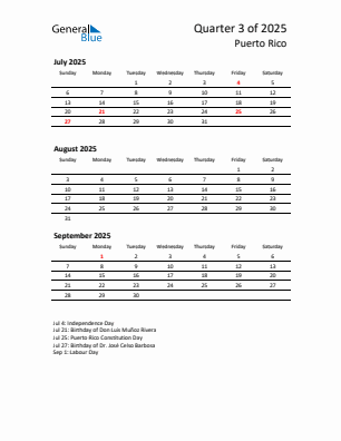 Puerto Rico Quarter 3  2025 calendar template