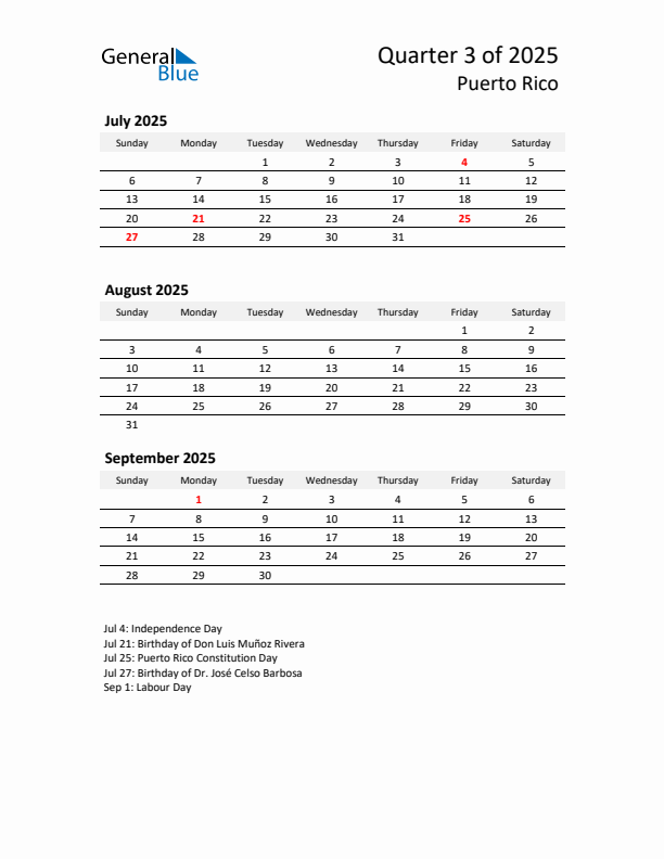 2025 Q3 Three-Month Calendar for Puerto Rico