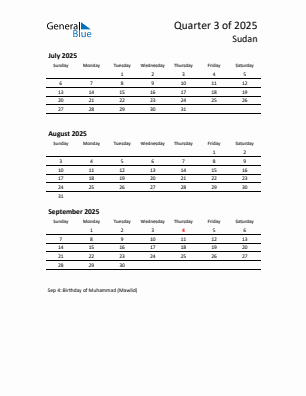 Sudan Quarter 3  2025 calendar template