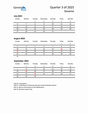 Slovenia Quarter 3 2025 calendar template