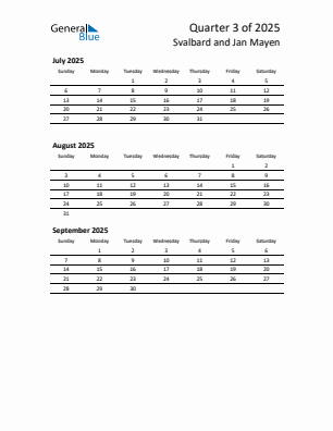 Svalbard and Jan Mayen Quarter 3 2025 calendar template