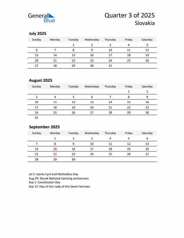 2025 Q3 Three-Month Calendar for Slovakia