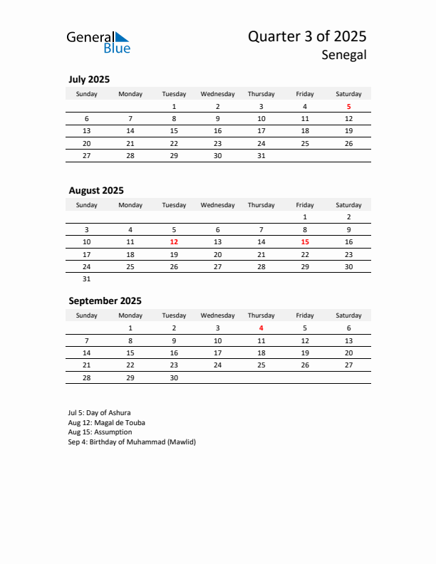 2025 Q3 Three-Month Calendar for Senegal