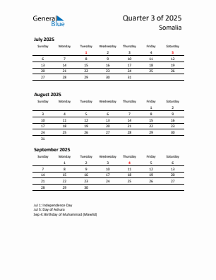 Somalia Quarter 3  2025 calendar template