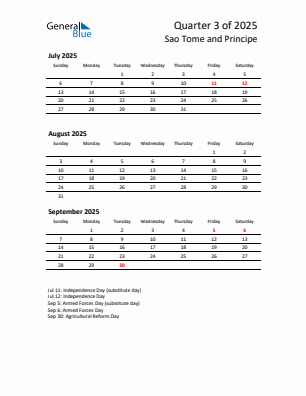 Sao Tome and Principe Quarter 3  2025 calendar template