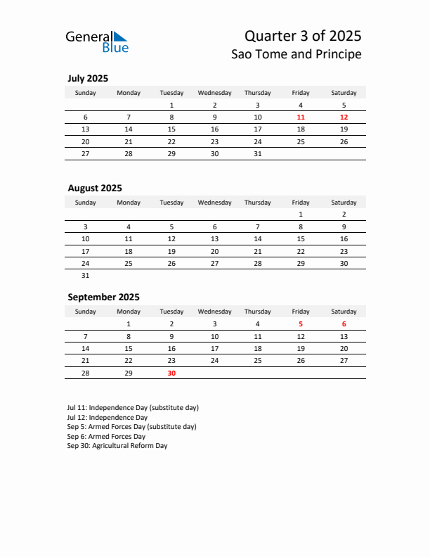 2025 Q3 Three-Month Calendar for Sao Tome and Principe