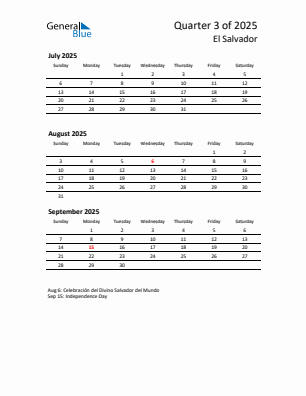 El Salvador Quarter 3 2025 calendar template