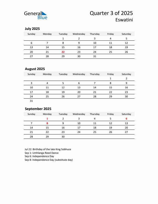2025 Q3 Three-Month Calendar for Eswatini