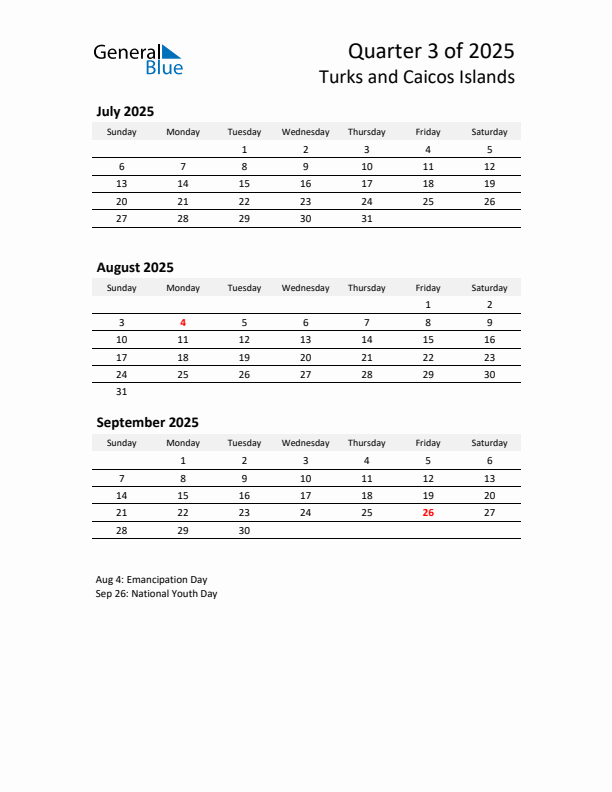 2025 Q3 Three-Month Calendar for Turks and Caicos Islands
