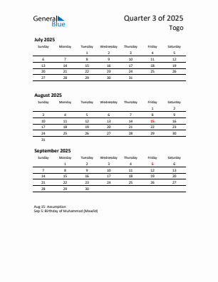 Togo Quarter 3 2025 calendar template
