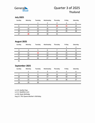 Thailand Quarter 3  2025 calendar template
