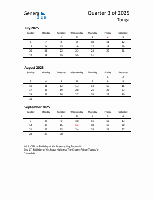 Tonga Quarter 3  2025 calendar template