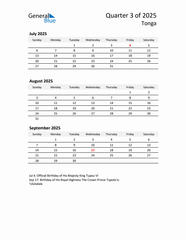 2025 Q3 Three-Month Calendar for Tonga