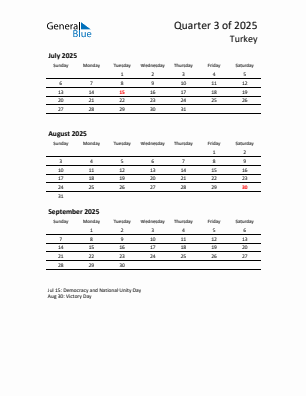 Turkey Quarter 3 2025 calendar template