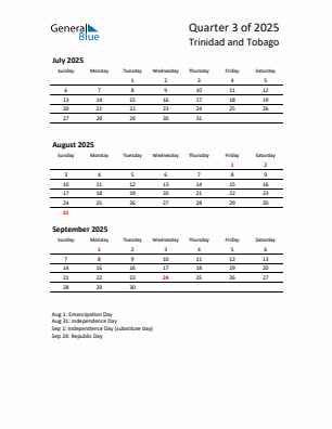 Trinidad and Tobago Quarter 3  2025 calendar template