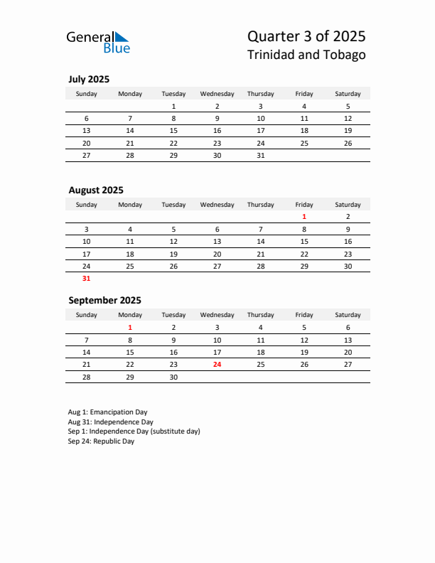 2025 Q3 Three-Month Calendar for Trinidad and Tobago