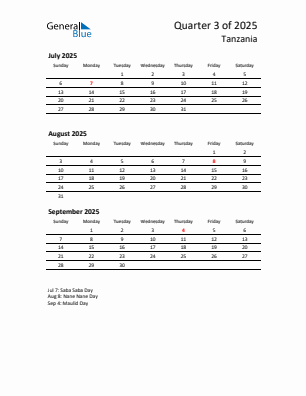 Tanzania Quarter 3 2025 calendar template