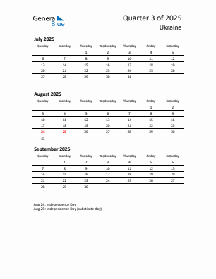 Ukraine Quarter 3 2025 calendar template