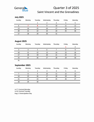 Saint Vincent and the Grenadines Quarter 3  2025 calendar template
