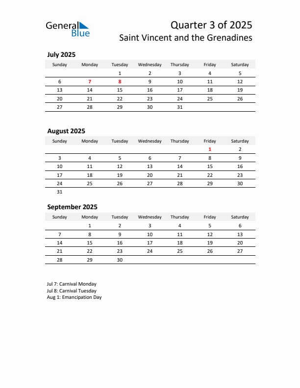 2025 Q3 Three-Month Calendar for Saint Vincent and the Grenadines