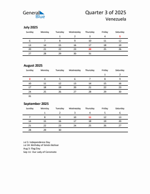 Venezuela Quarter 3  2025 calendar template