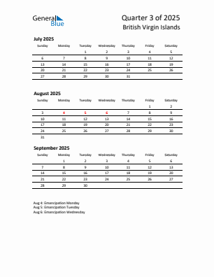 British Virgin Islands Quarter 3  2025 calendar template
